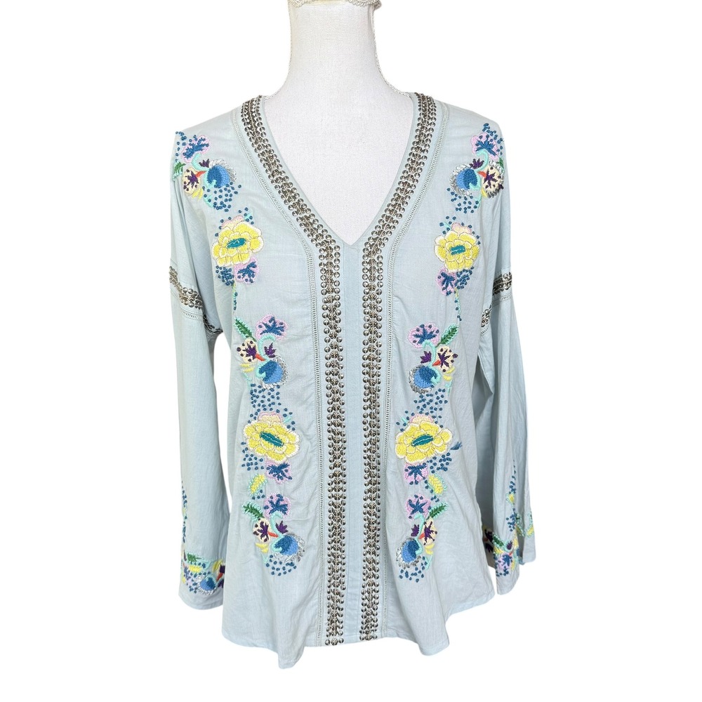 Sundance Womens Blue Embroidered Studded‎ V-Neck Cotton Tunic Blouse Small